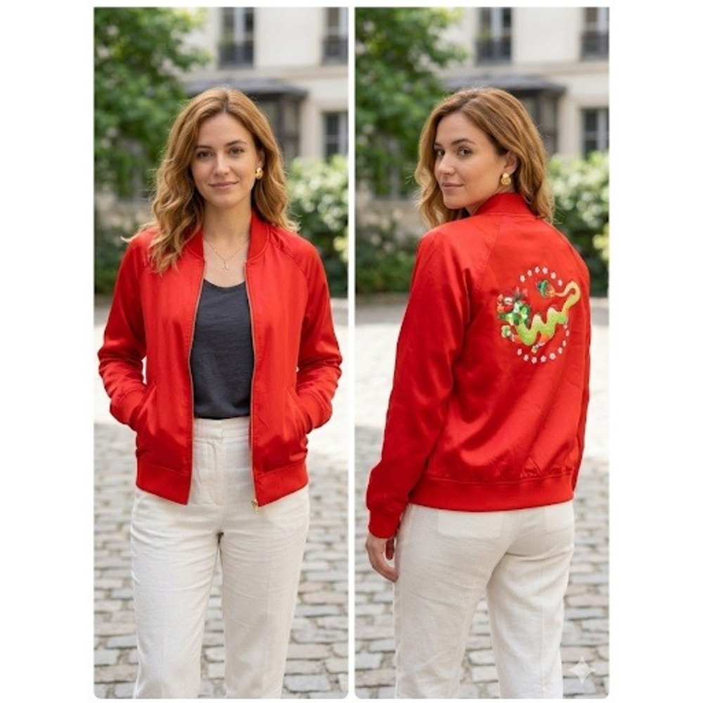 NWT‎ Lunar New Year Red Varsity Jacket Women's Small Dragon Graphic Back